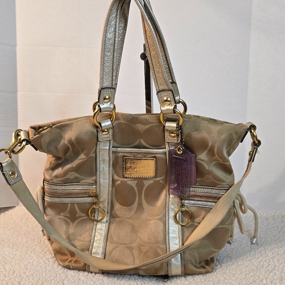 Coach Poppy Gold Kahki Signature Sateen Glam Shoulder Crossbody Bag F13843